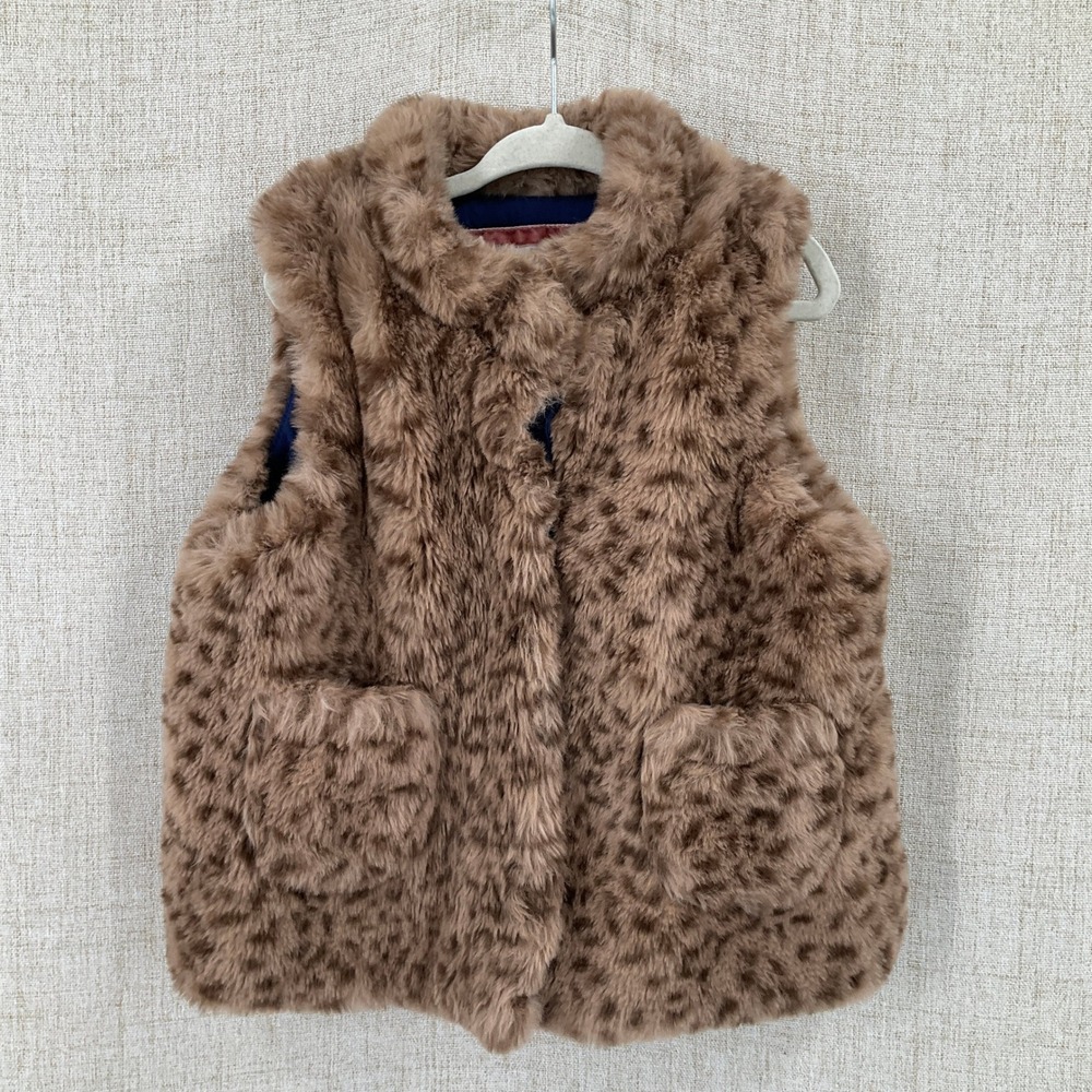 Mini Boden Faux Fur Vest Kids 5-6Y Brown Leopard Print Animal Classic Luxury